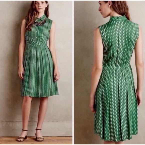 By Anthropologie Dresses & Skirts - NWT Anthropologie TYLHO Green Polka Dot Sleeveless Shirt Dress Midi Waist Tie XS